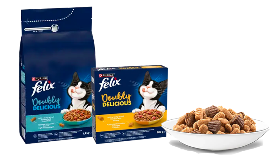 Banner s produkty Felix® Doubly Delicious a miskou s granulemi