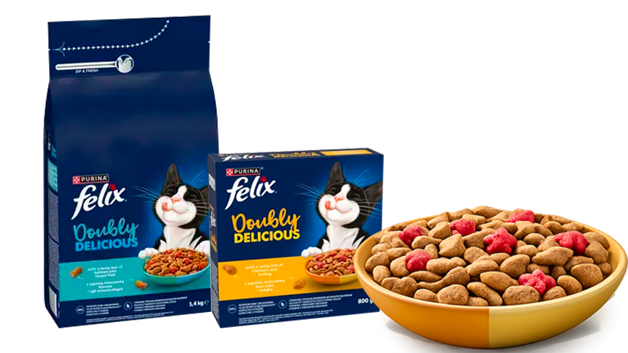 Dvě balení krmiva Purina Felix® Doubly Delicious a miska s granulemi
