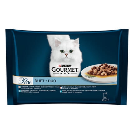 GOURMET PERLE Duo multipack s lososem a treskou/sardinkami a tuňákem/lososem a bělomasými rybami/mořskými rybami a tuňákem