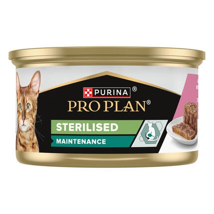 PURINA® PRO PLAN® CAT Adult Sterilised Maintenance, konzerva s tuňákem a lososem v paštice