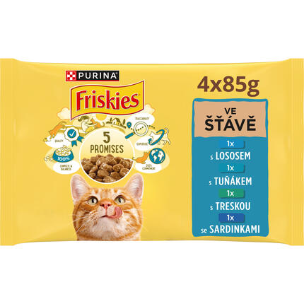 FRISKIES® multipack ve šťávě (losos/tuňák/treska/sardinky) - přední strana obalu