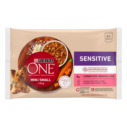 PURINA ONE® MINI Sensitive – losos ve šťávě - přední strana obalu