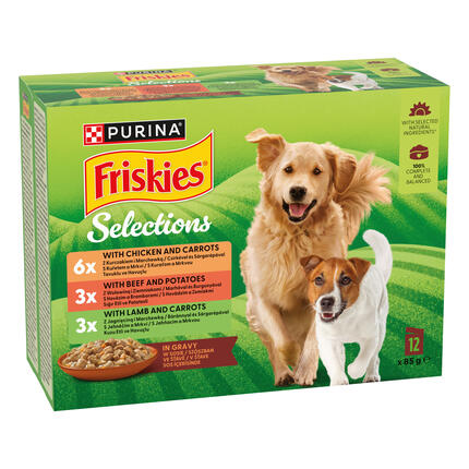 FRISKIES dog ADULT multipack s hovězím, kuřetem a jehněčím ve šťávě - přední strana