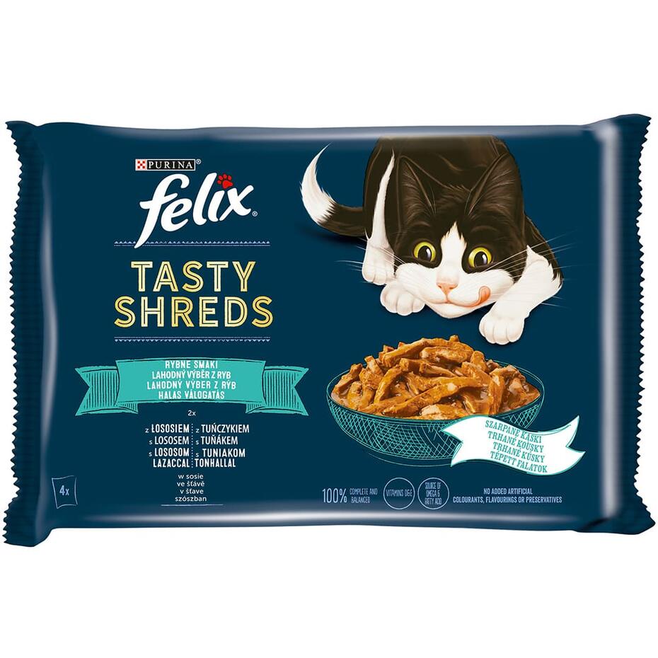 Felix Tasty Shreds s lososem a tuňákem ve šťávě 4x80 g