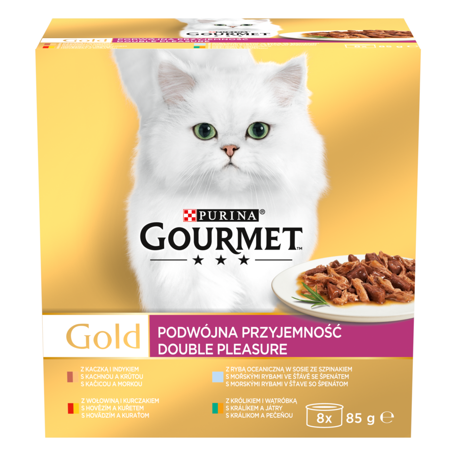 GOURMET Gold Multipack hovězí s kuřetem/králík s játry/mořské ryby se špenátem/kachna s krůtou
