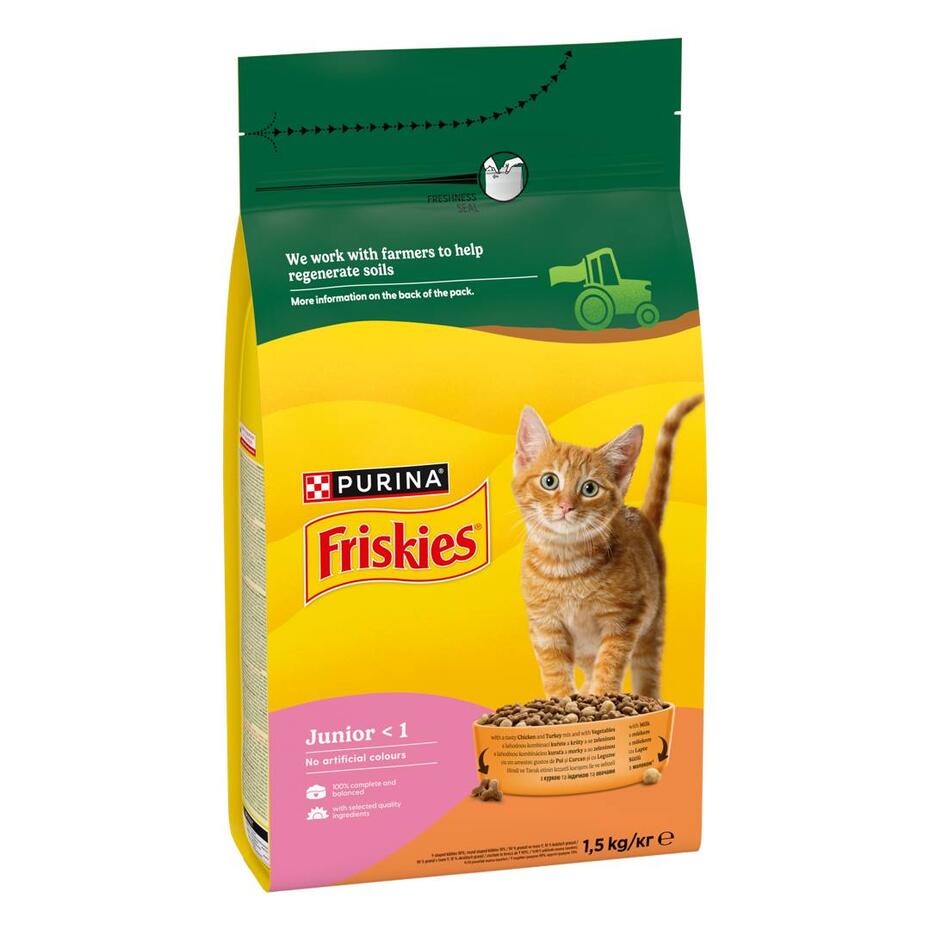 Friskies Junior granule pro koťata kuře a krůta, s mlékem, zelenina