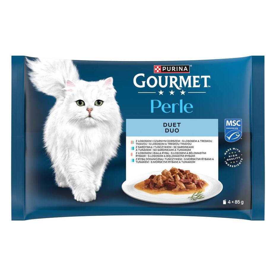 Gourmet Perle DUO kapsičky pro kočky losos a treska tmavá, mořské ryby a tuňák, losos a bělomasé ryby, sardinky a tuňák