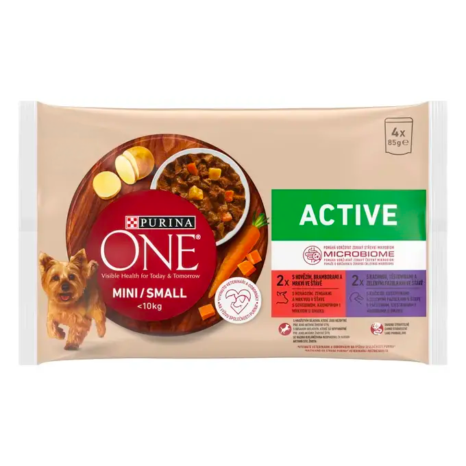 PURINA ONE® MINI Active – hovězí a kachna ve šťávě - přední strana obalu