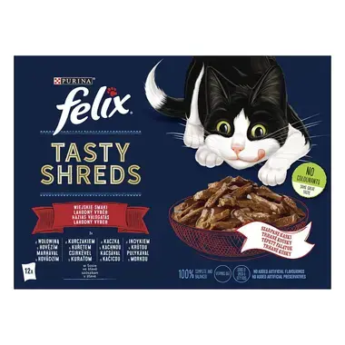 Felix® Tasty Shreds s hovězím, kuřetem, kachnou, krůtou ve šťávě 12x80 g