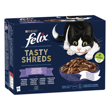 Felix® Tasty Shreds s hovězím, kuřetem, lososem, tuňákem ve šťávě 12x80 g