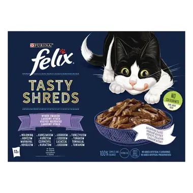 Felix® Tasty Shreds s hovězím, kuřetem, lososem, tuňákem ve šťávě 12x80 g