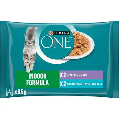 PURINA ONE Multipack INDOOR minifiletky s tuňákem a zelenými fazolkami/s telecím a mrkví