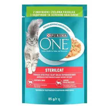 PURINA ONE STERILCAT mini filetky s krůtou a zelenými fazolkami ve šťávě