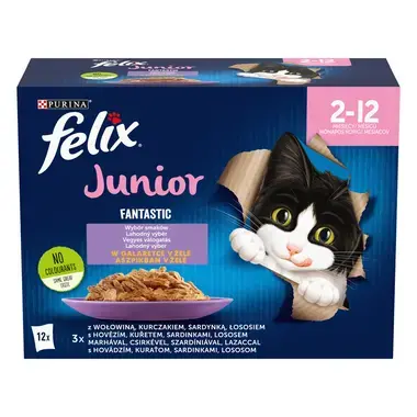 FELIX Fantastic Junior Multipack s hovězím, kuřecím, sardinkami, lososem v želé 12x85g