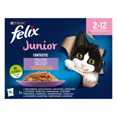 FELIX Fantastic Junior Multipack s hovězím, kuřecím, sardinkami, lososem v želé 12x85g