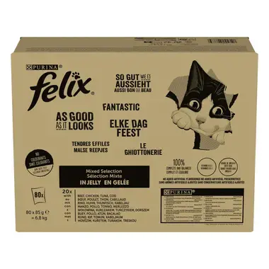FELIX Fantastic Multipack s hovězím, kuřecím, tuňákem, treskou v želé 80x85g