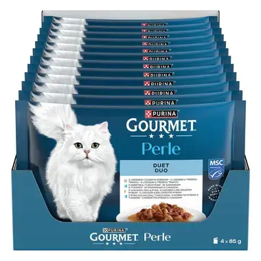 Gourmet Perle DUO kapsičky pro kočky losos a treska tmavá, mořské ryby a tuňák, losos a bělomasé ryby, sardinky a tuňák