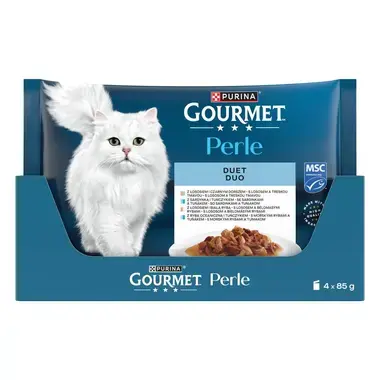 Gourmet Perle DUO kapsičky pro kočky losos a treska tmavá, mořské ryby a tuňák, losos a bělomasé ryby, sardinky a tuňák