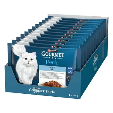 Gourmet Perle DUO kapsičky pro kočky losos a treska tmavá, mořské ryby a tuňák, losos a bělomasé ryby, sardinky a tuňák