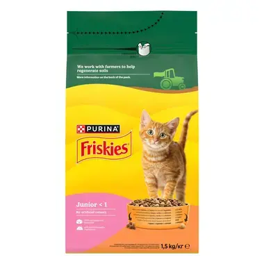 Friskies Junior granule pro koťata kuře a krůta, s mlékem, zelenina