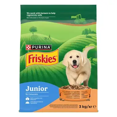 Friskies Junior granule pro štěňata kuře, zelenina s mlékem