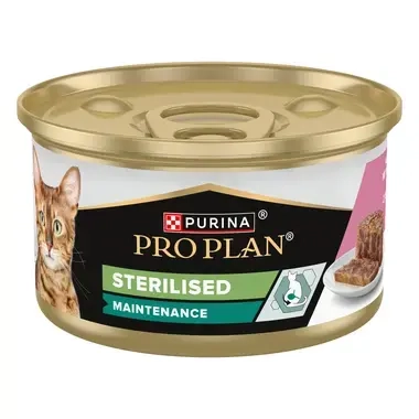 PURINA® PRO PLAN® CAT Adult Sterilised Maintenance, konzerva s tuňákem a lososem v paštice