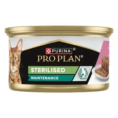 PURINA® PRO PLAN® CAT Adult Sterilised Maintenance, konzerva s tuňákem a lososem v paštice