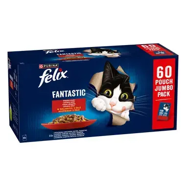 Felix Fantastic kapsičky pro kočky hovězí, kuře, kachna, jehněčí v želé 60×85 g