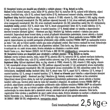 Zadní strana obalu Purina ONE® Medium/Maxi Adult Monoprotein, granule pro psy krůta s informacemi o složení