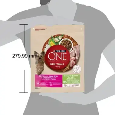 PURINA ONE® MINI Weight Control – krůta - porovnání s velikostí postavy člověka