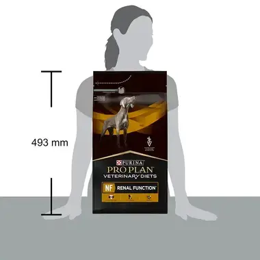 PURINA® PRO PLAN® VETERINARY DIEST Canine NF Renal Function, granule pro psy - porovnání velikosti balení s postavou člověka