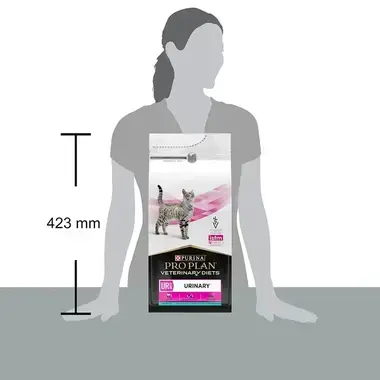 PRO PLAN® Veterinary Diets – onemocnění močových cest (granule mořské ryby) - porovnání velikosti obalu s postavou člověka