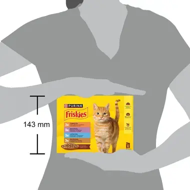 Friskies® Multipack pro dospělé kočky kuře - porovnání s postavou člověka