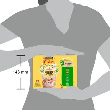 Multipack ve šťávě (hovězí/kuře/tuňák/treska) - porovnání s velikostí postavy člověka