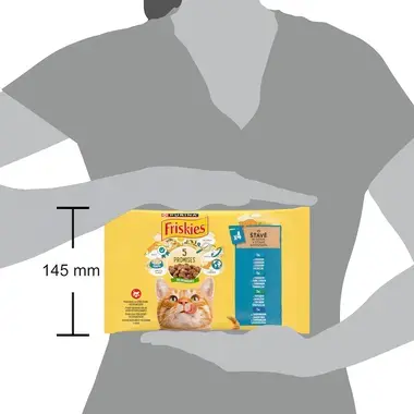 FRISKIES® multipack ve šťávě (losos/tuňák/treska/sardinky) - porovnání s velikostí postavy