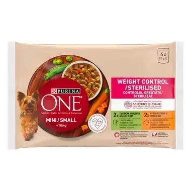 PURINA ONE® MINI Weight Control – krůta a kuře ve šťávě. -přední strana obalu