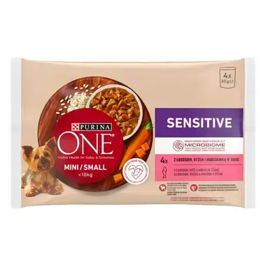 PURINA ONE® MINI Sensitive – losos ve šťávě - přední strana obalu