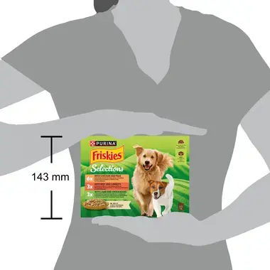 Friskies® Dog Adult multipack v želé (mix) - porovnání s velikostí postavy člověka