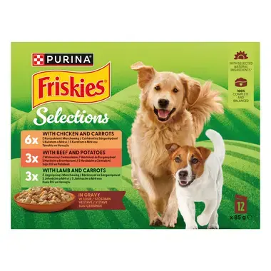 FRISKIES dog ADULT multipack s hovězím, kuřetem a jehněčím ve šťávě - přední strana