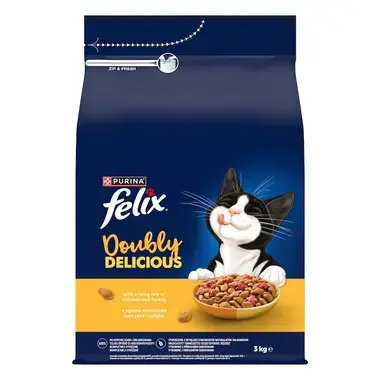 Balení suchého krmiva pro kočky Purina Felix Doubly Delicious s příchutí kuřete a krůty, 3 kg, s mlsající černobílou kočkou a