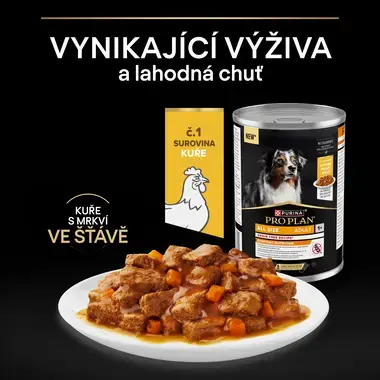 Konzerva Purina Pro Plan All Size Adult bez obilovin s kuřetem a mrkví ve šťávě, kuře jako surovina č. 1, vynikající výživa a