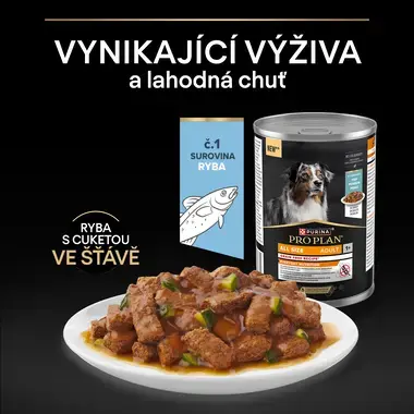Konzerva Purina Pro Plan All Size Adult bez obilovin s rybou a cuketou ve šťávě, ryba jako surovina č. 1, vynikající výživa a