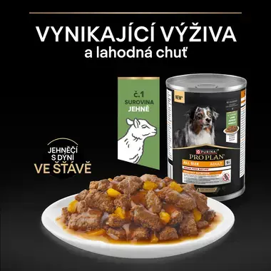 konzerva a miska s obrázkem příchuti jehněčí ve šťávě