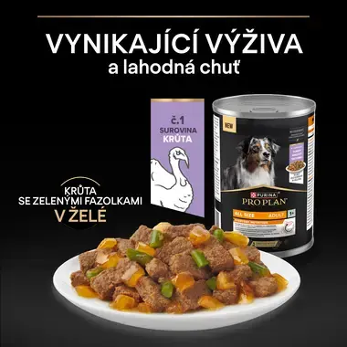 Konzerva Purina Pro Plan All Size Adult s krůtou a zelenými fazolkami v želé, krůta jako surovina č. 1