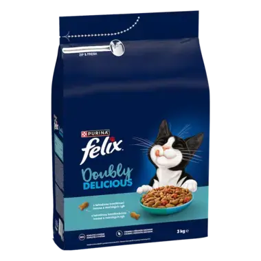 Felix Doubly Delicious, granule pro kočky s lososem a mořskými rybami, balení 3 kg