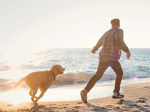 Muž se psem běžící po pláži