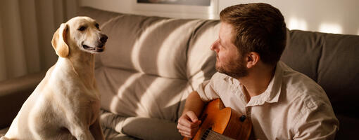 Dog listening to owner play guitar