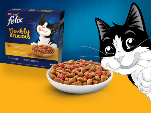 Kocour Felix s krabicí a miskou s granulemi Purina Felix®